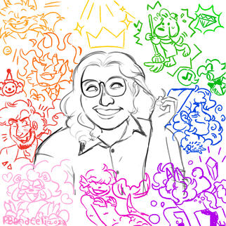 A sketch of Bear (Araceli) and her interests in all the colors of the rainbow